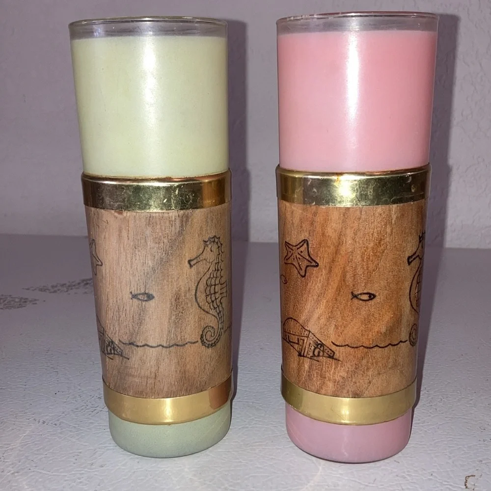 Libbey Palm Royale Tall MCM Frosted Glasses W/ Wood Tiki Bands Gold Pink Green